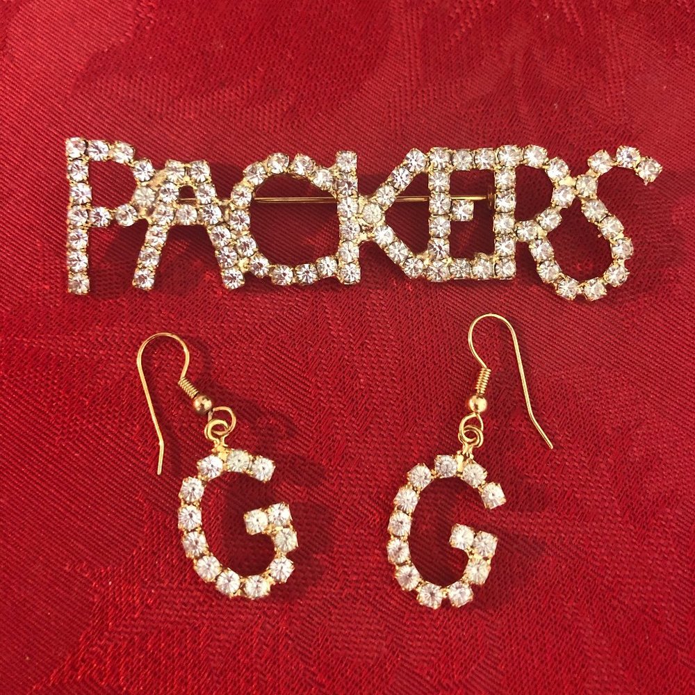 Green Bay Packers Rhinestone Brooch & Earring Set